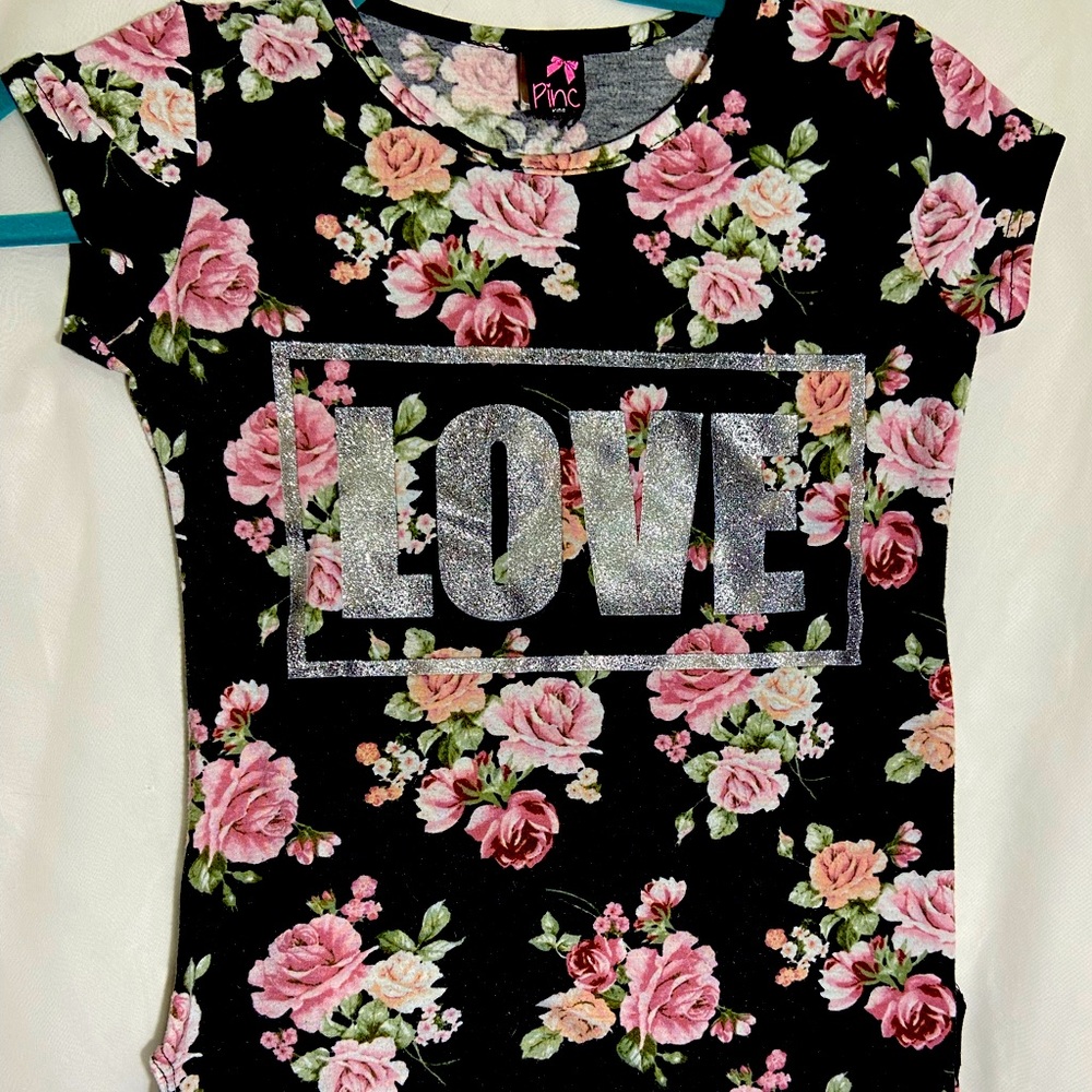 Pinc Girls Black & Pink Floral Top With LOVE In Silver Glitter Girls SZ L